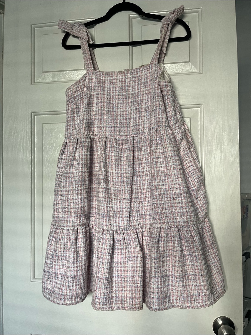 Tiered Pink Plaid Mini Dress with Tie Straps | Size M